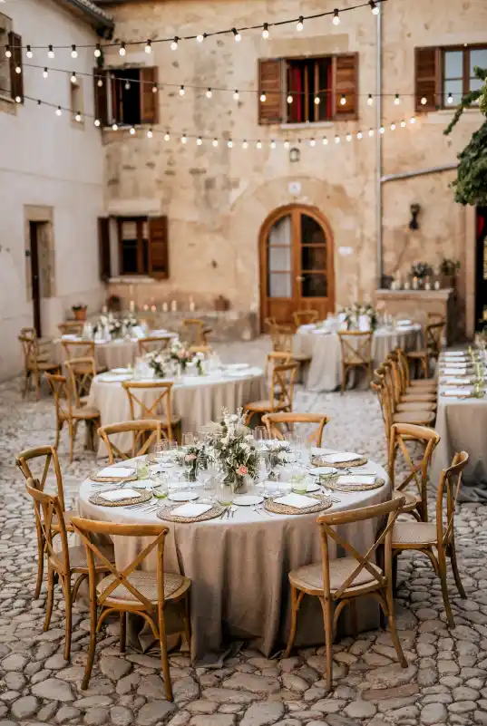 Dinner setting for a wedding in Mallorca within the courtyard of Las Barracas