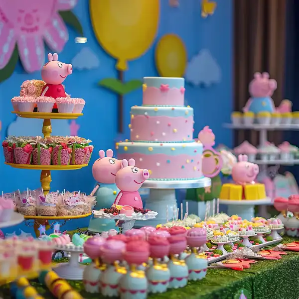 A vibrant Peppa Pig-themed kids event in Mallorca featuring a pastel cake, decorated cupcakes, and playful character figurines